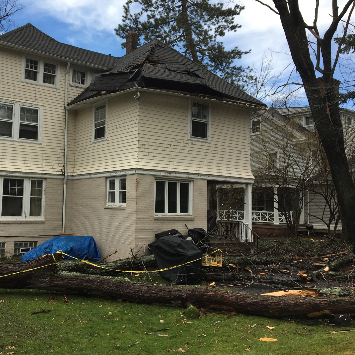 Home with a large tree fallen on the roof after a storm